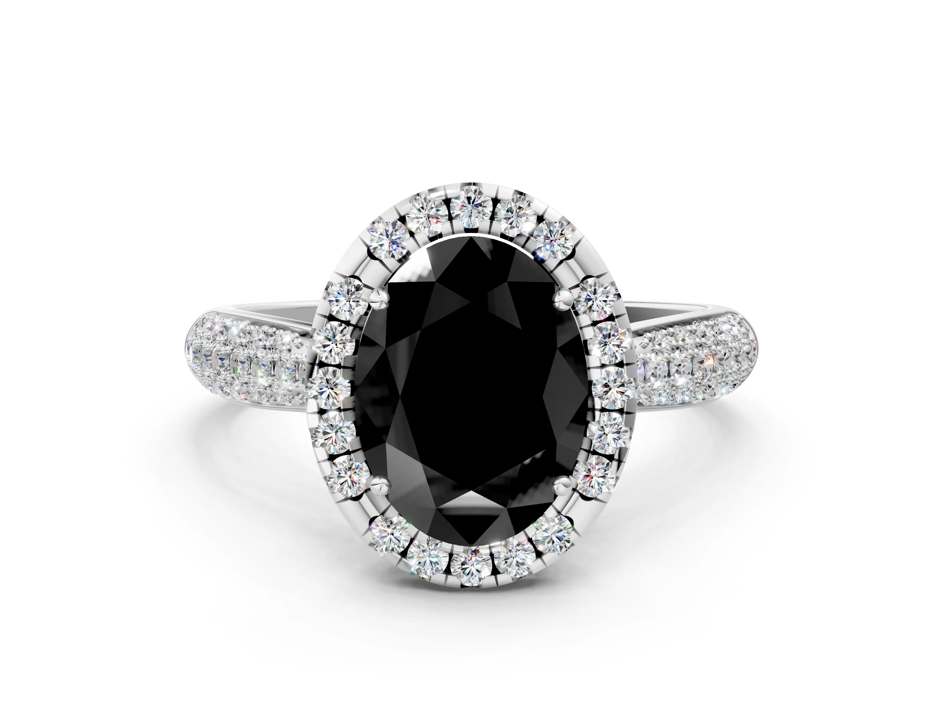 White gold Fancy Black Oval Cut Halo Diamond Ring with Pavé Band_22