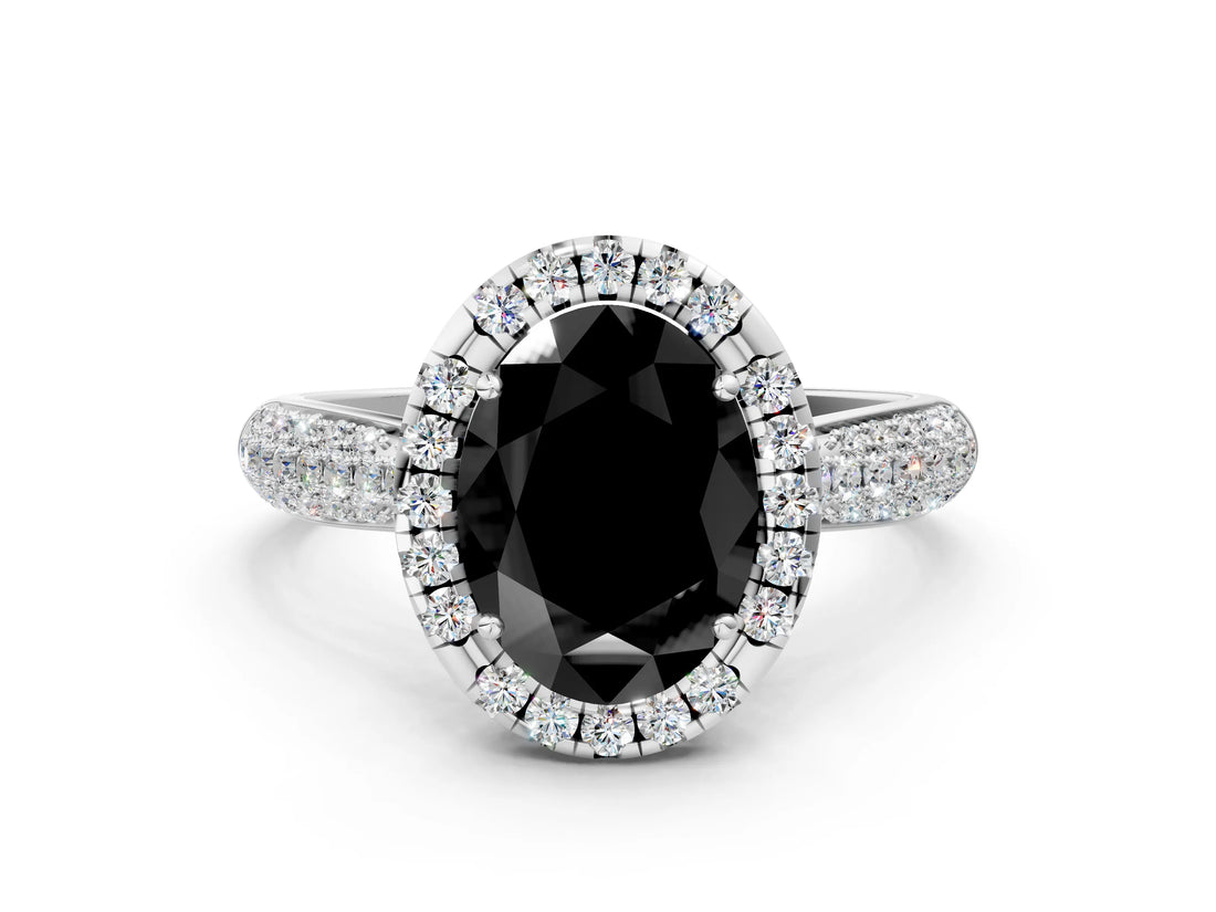 White gold Fancy Black Oval Cut Halo Diamond Ring with Pavé Band_22