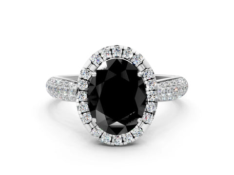 White gold Fancy Black Oval Cut Halo Diamond Ring with Pavé Band_22