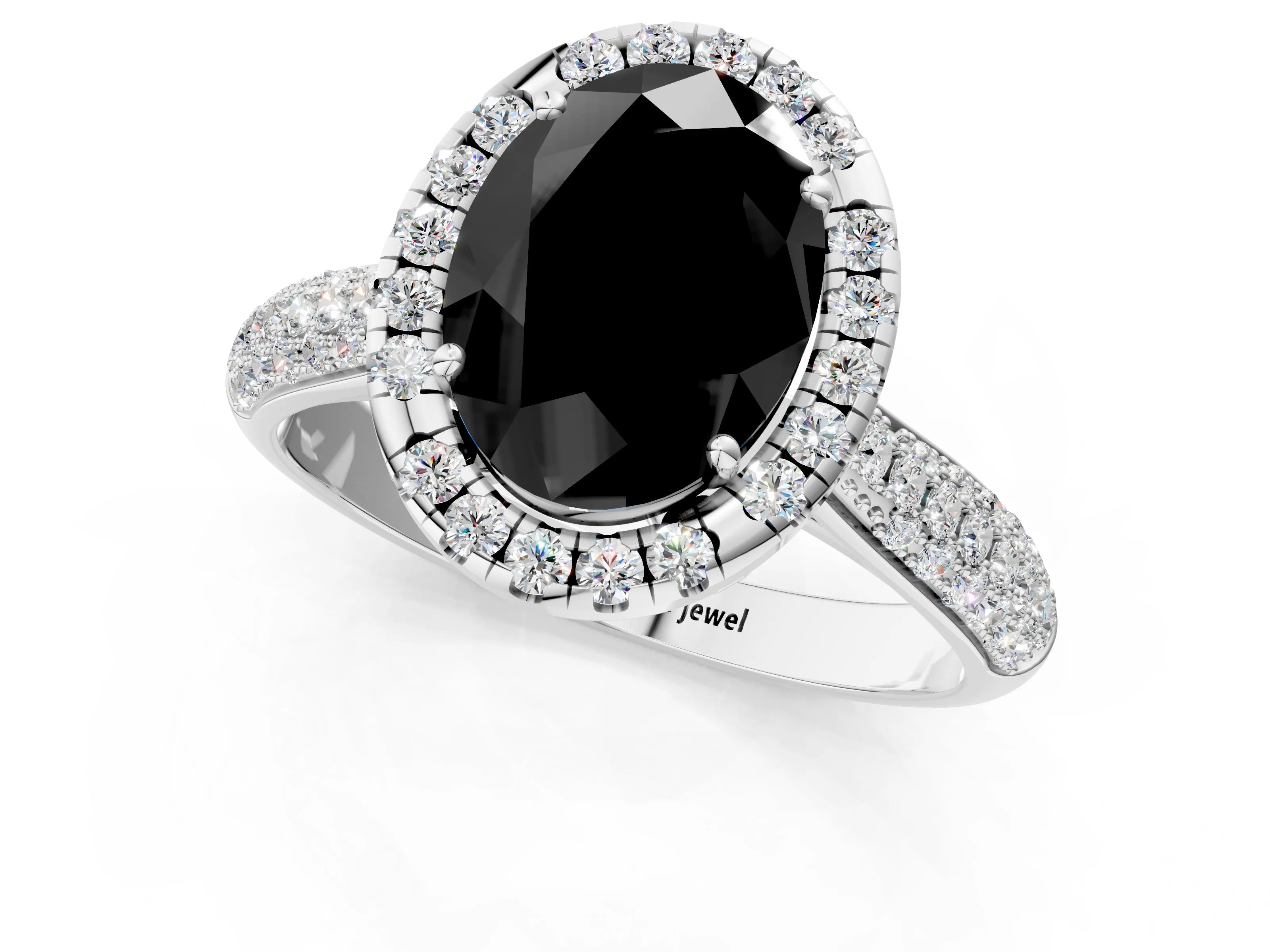 White gold Fancy Black Oval Cut Halo Diamond Ring with Pavé Band_23