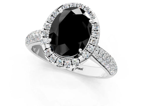 White gold Fancy Black Oval Cut Halo Diamond Ring with Pavé Band_23