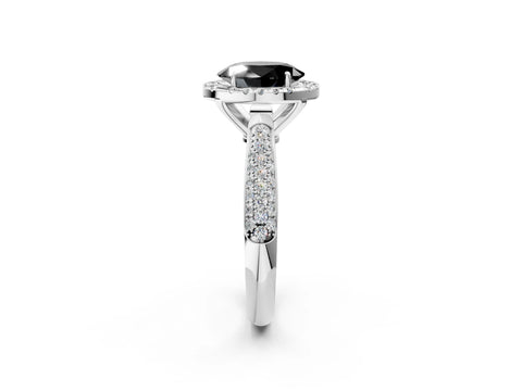 White gold Fancy Black Oval Cut Halo Diamond Ring with Pavé Band_24