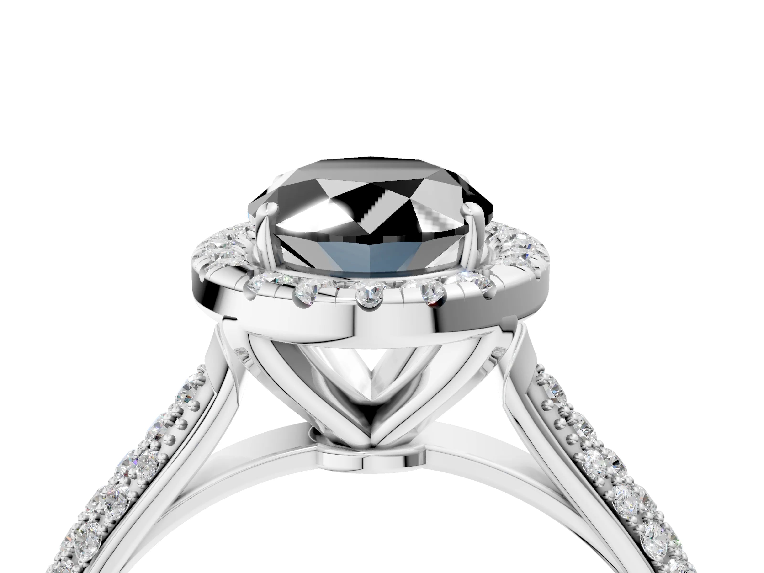 White gold Fancy Black Oval Cut Halo Diamond Ring with Pavé Band_26