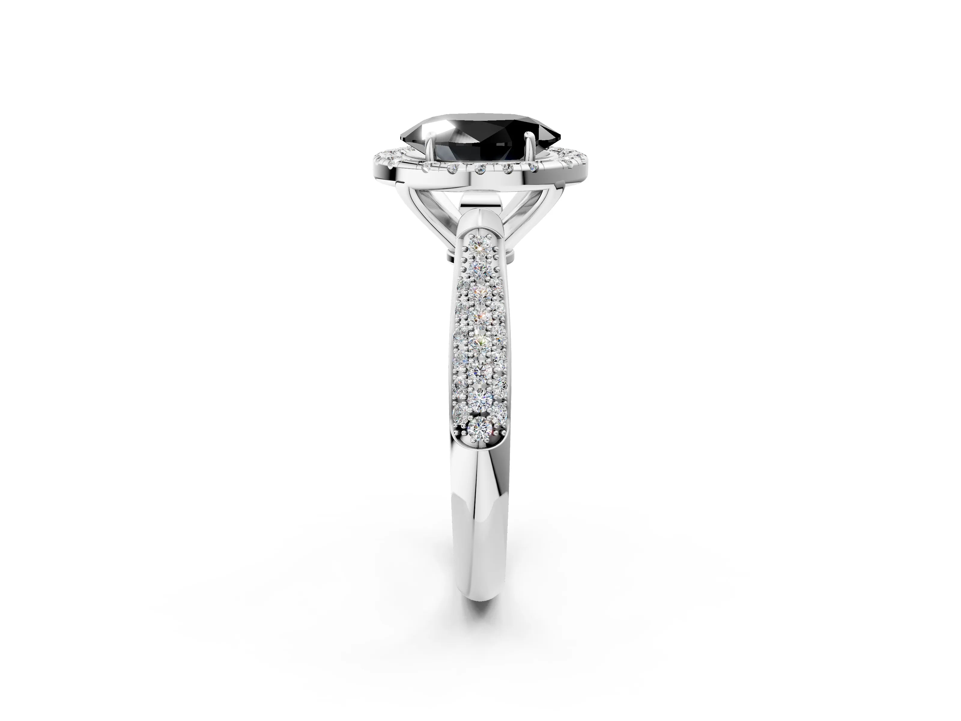 White gold Fancy Black Oval Cut Halo Diamond Ring with Pavé Band_2