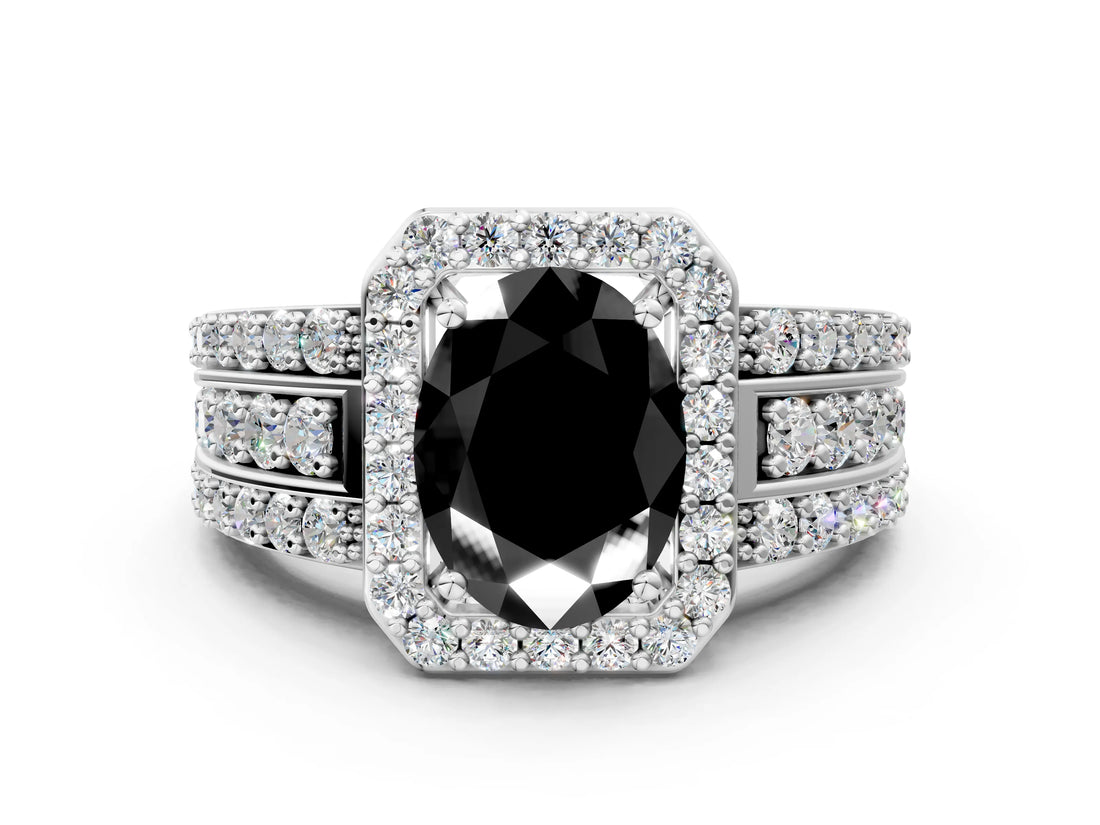 White gold Fancy Black Oval Cut Halo Diamond Ring with Round  Split Shank and Prong Setting_48