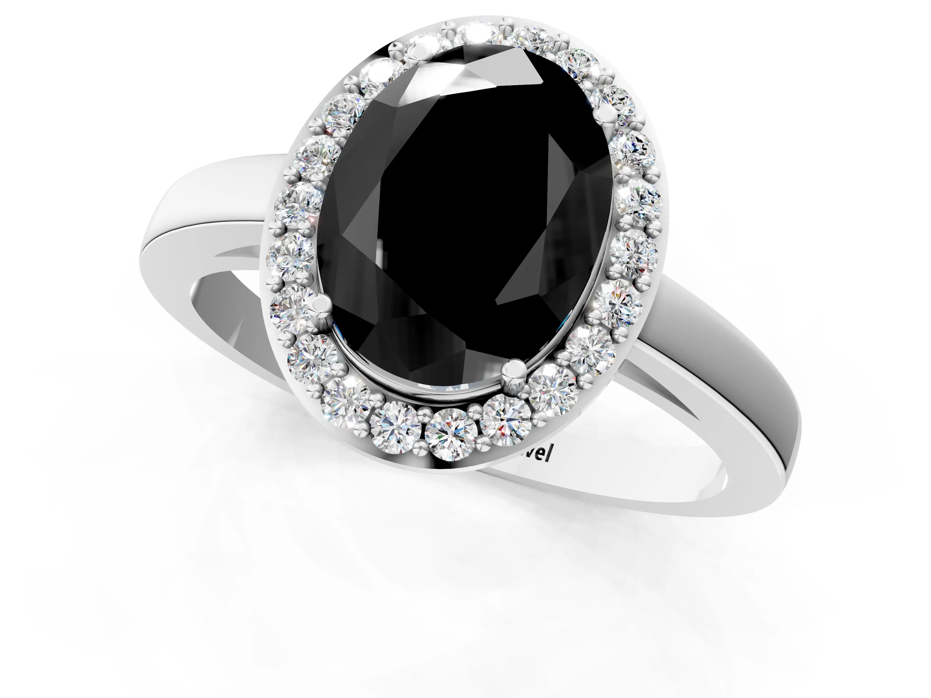 White gold Fancy Black Oval Cut Halo Diamond Ring with Solitaire Band and Prong Setting_1