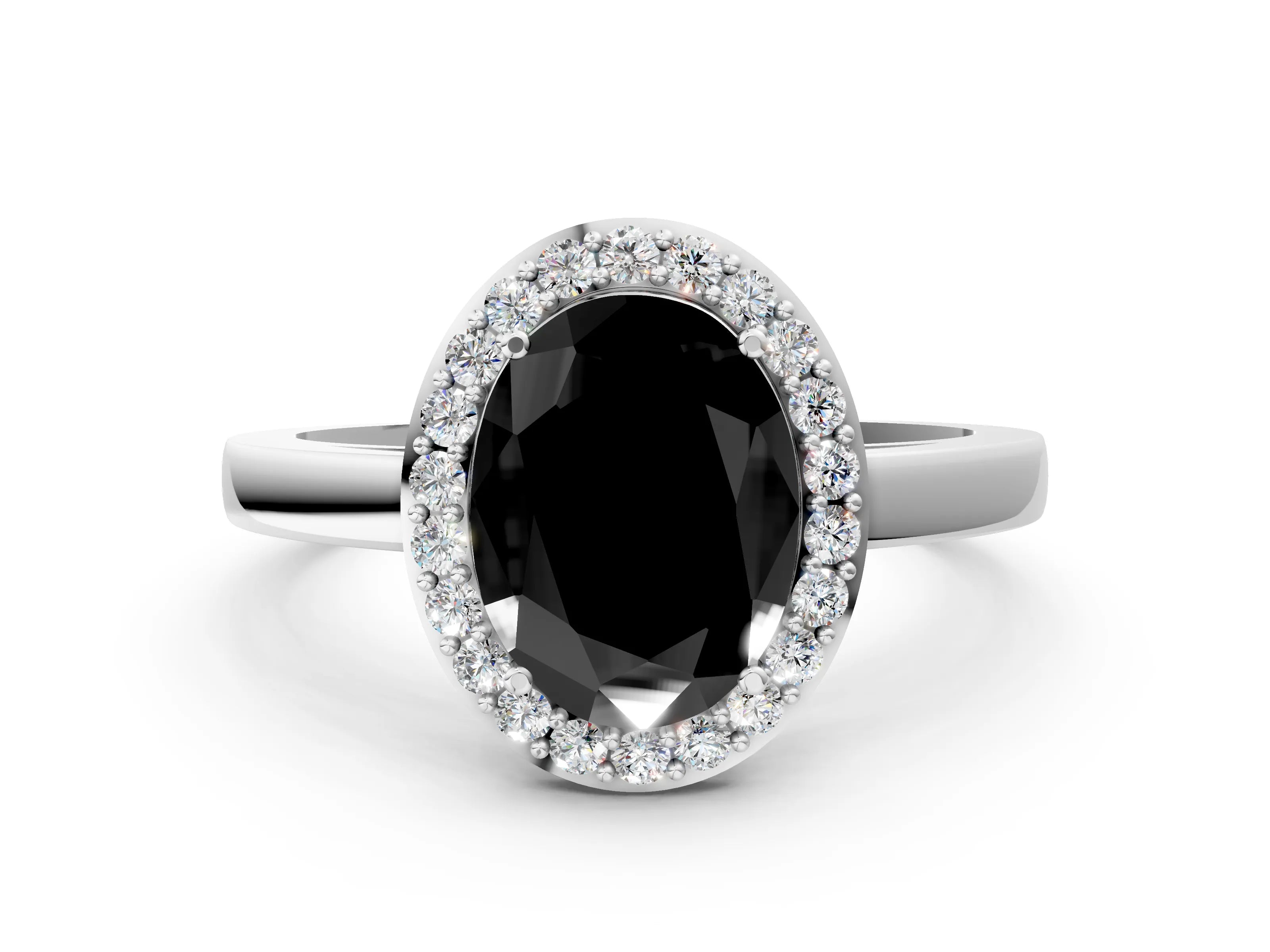 White gold Fancy Black Oval Cut Halo Diamond Ring with Solitaire Band and Prong Setting