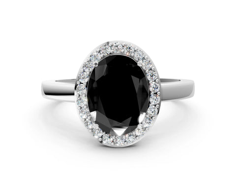 White gold Fancy Black Oval Cut Halo Diamond Ring with Solitaire Band and Prong Setting