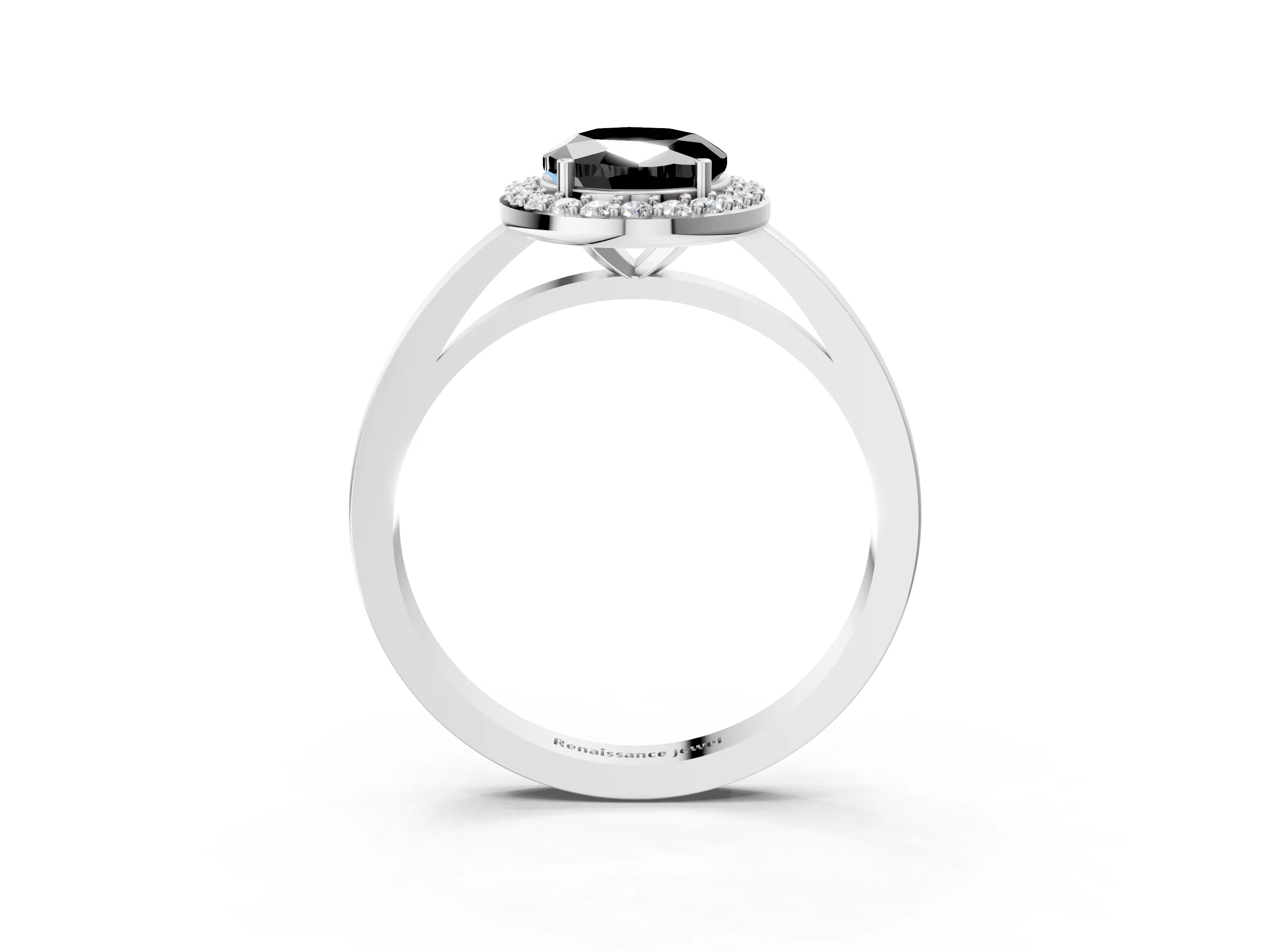 White gold Fancy Black Oval Cut Halo Diamond Ring with Solitaire Band and Prong Setting_3