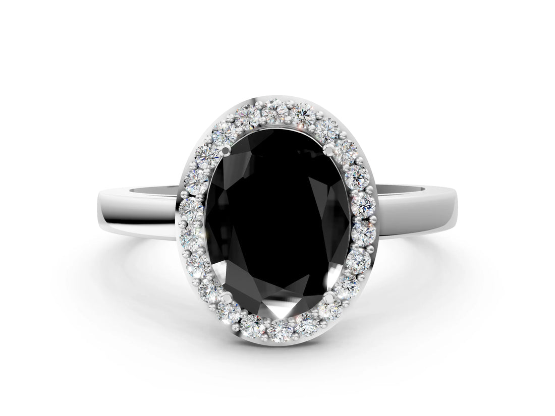 White gold Fancy Black Oval Cut Halo Diamond Ring with Solitaire Band and Prong Setting