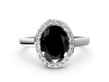 White gold Fancy Black Oval Cut Halo Diamond Ring with Solitaire Band and Prong Setting