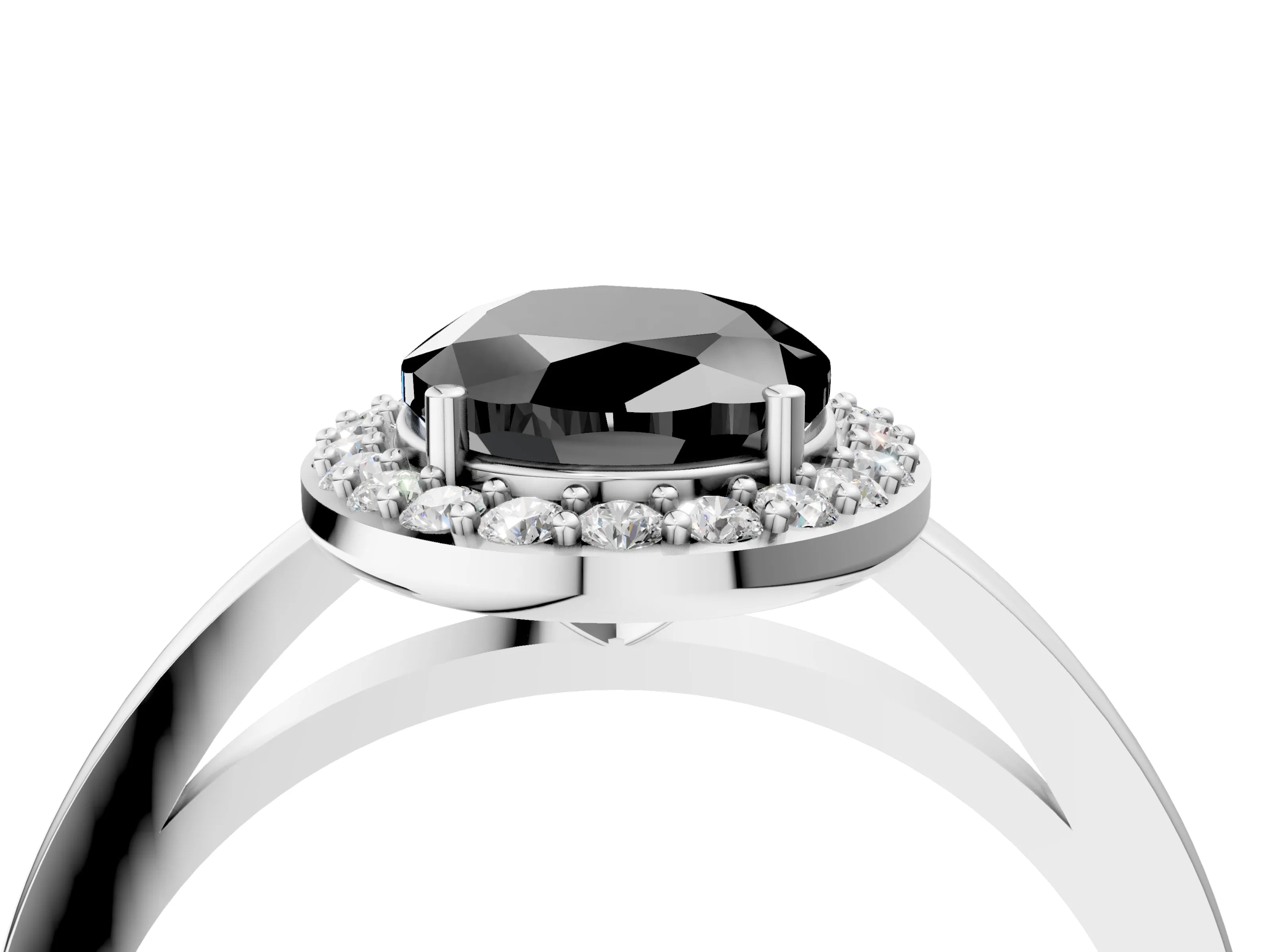 White gold Fancy Black Oval Cut Halo Diamond Ring with Solitaire Band and Prong Setting_4