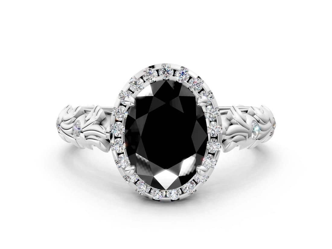 White gold Fancy Black Oval Cut Halo Diamond Solitaire with Filigree Band and Four-Prong Setting_12