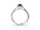 White gold Fancy Black Oval Cut Halo Diamond Solitaire with Filigree Band and Four-Prong Setting_15
