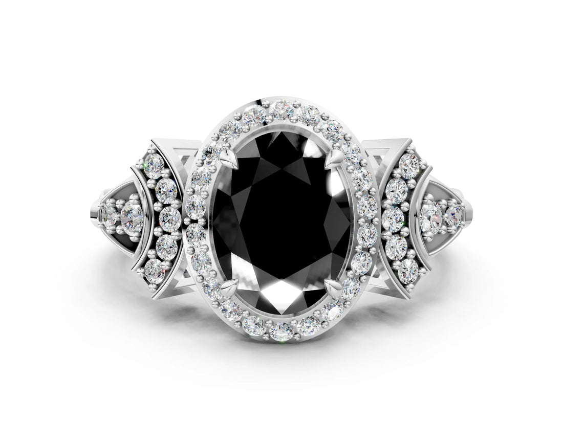White gold Fancy Black Oval Cut Halo Diamond Split Shank Engagement Ring with Four-Prong Setting