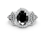 White gold Fancy Black Oval Cut Halo Diamond Split Shank Engagement Ring with Four-Prong Setting