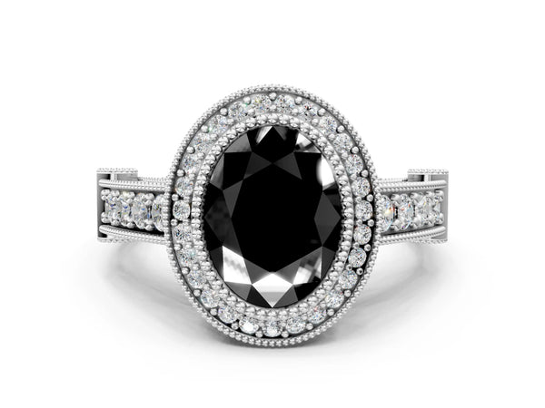 White Gold Oval Vintage Bezel Halo Engagement Ring Setting for Black Center