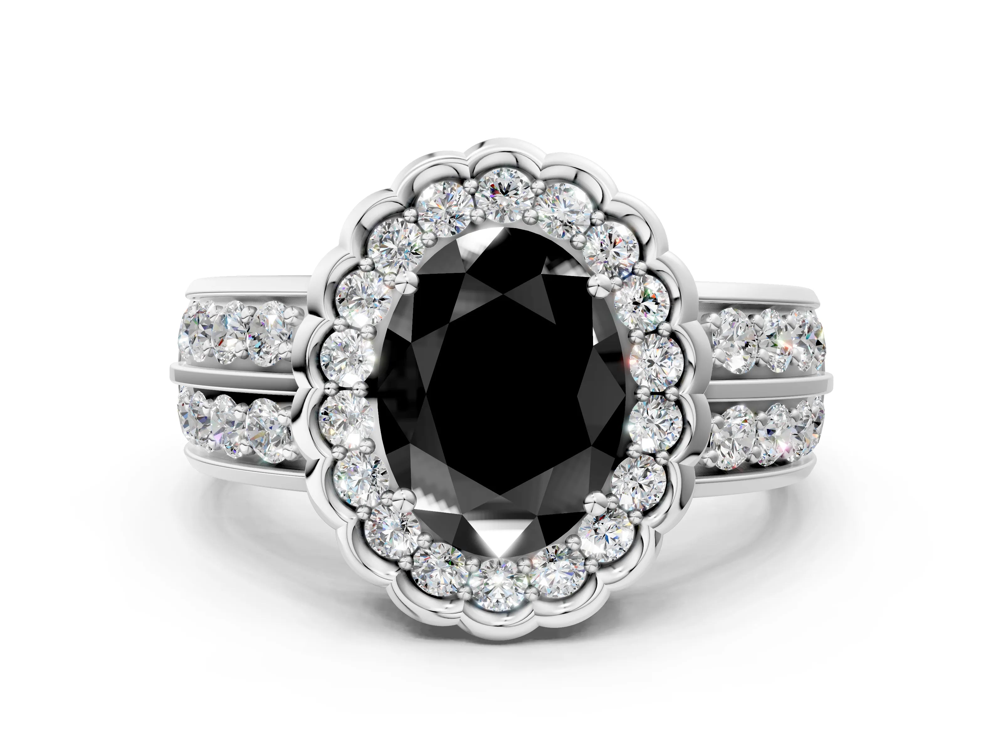 White gold Fancy Black Oval Cut Halo Diamond Split Shank Ring with Scalloped Prong Setting_12