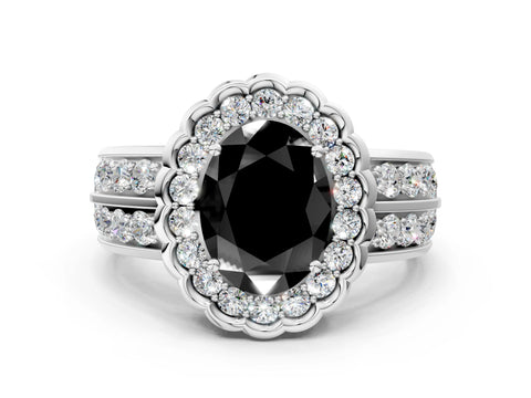 White gold Fancy Black Oval Cut Halo Diamond Split Shank Ring with Scalloped Prong Setting_12