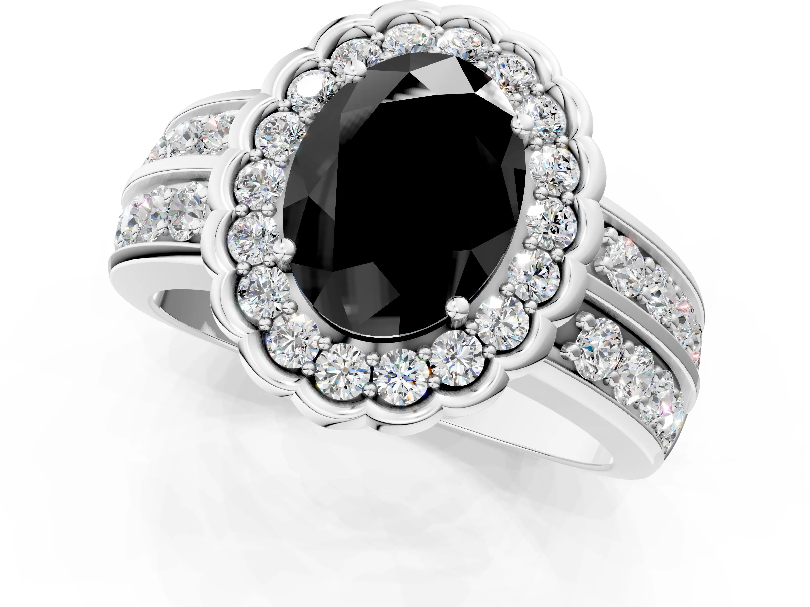 White gold Fancy Black Oval Cut Halo Diamond Split Shank Ring with Scalloped Prong Setting_13