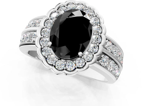 White gold Fancy Black Oval Cut Halo Diamond Split Shank Ring with Scalloped Prong Setting_13