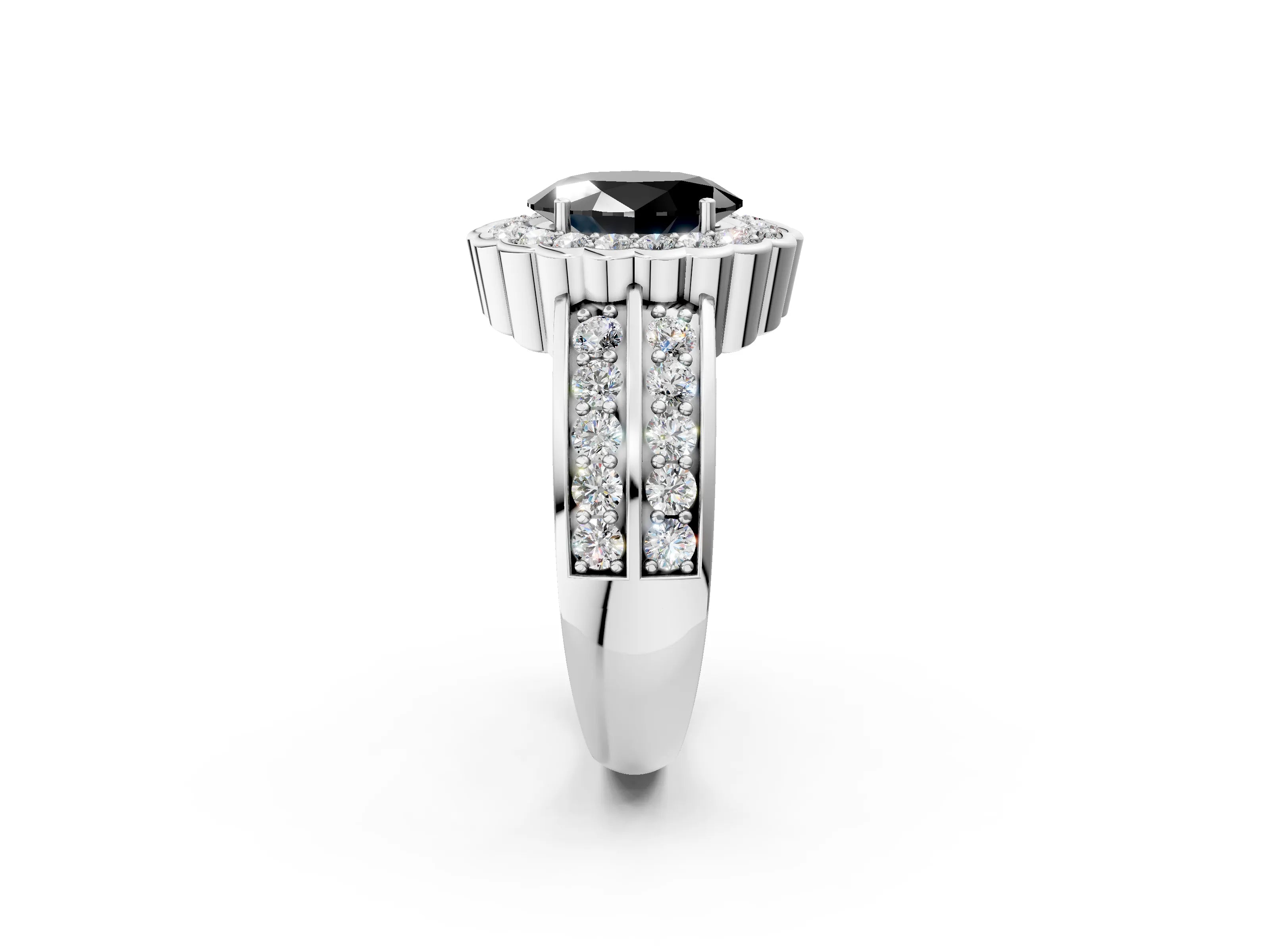 White gold Fancy Black Oval Cut Halo Diamond Split Shank Ring with Scalloped Prong Setting_14
