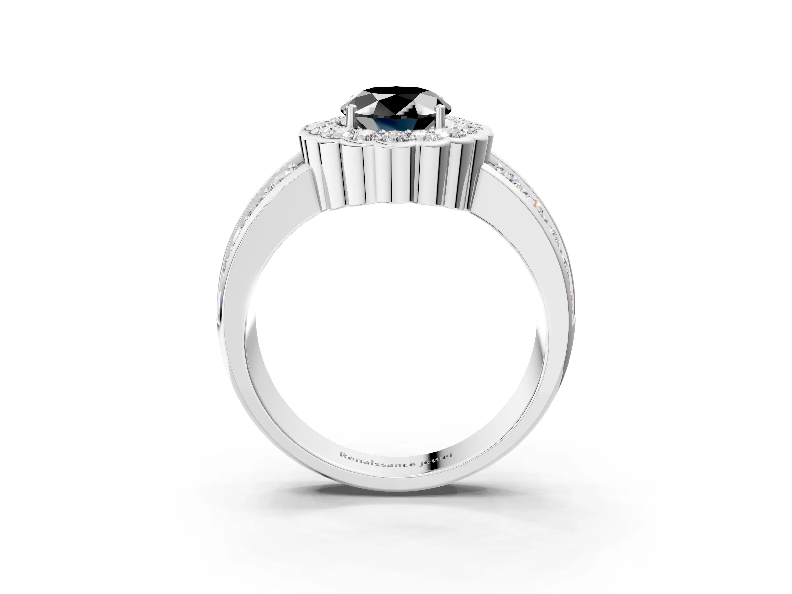 White gold Fancy Black Oval Cut Halo Diamond Split Shank Ring with Scalloped Prong Setting_15