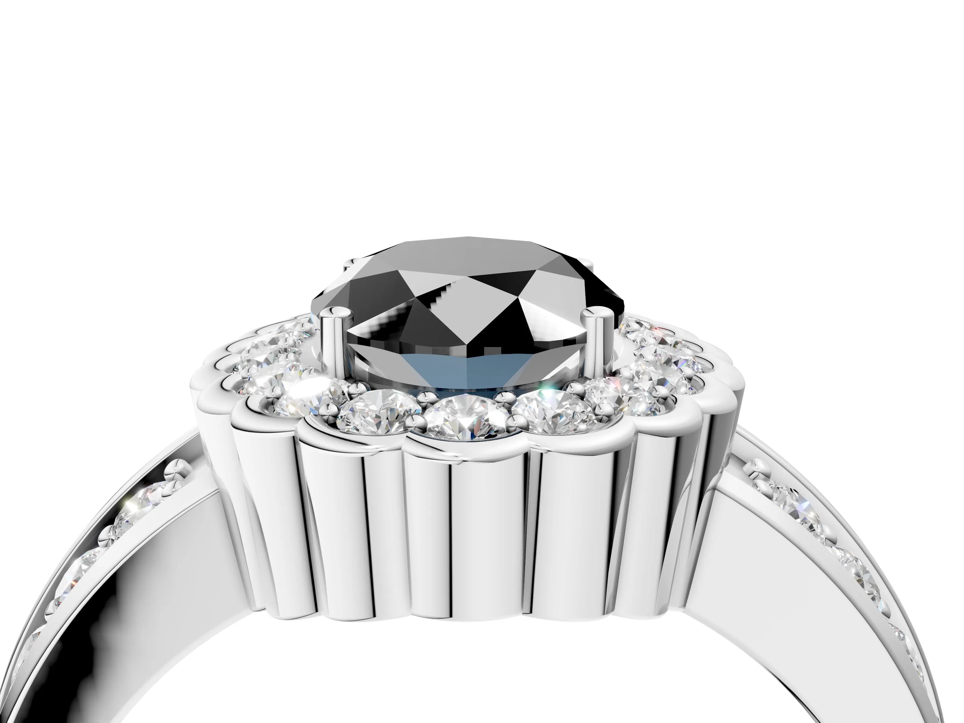 White gold Fancy Black Oval Cut Halo Diamond Split Shank Ring with Scalloped Prong Setting_16