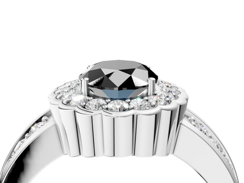 White gold Fancy Black Oval Cut Halo Diamond Split Shank Ring with Scalloped Prong Setting_16