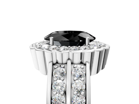 White gold Fancy Black Oval Cut Halo Diamond Split Shank Ring with Scalloped Prong Setting_17