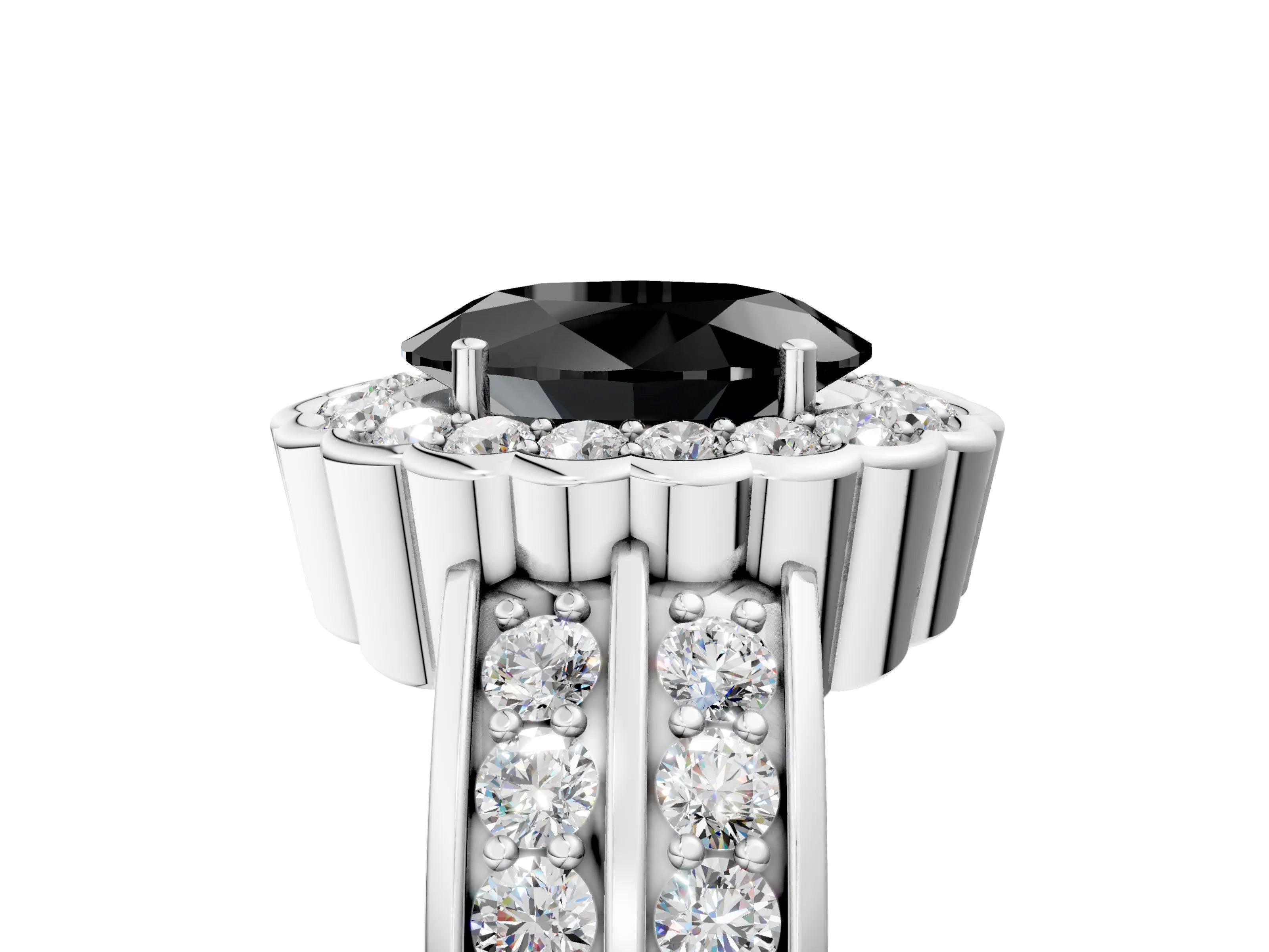 White gold Fancy Black Oval Cut Halo Diamond Split Shank Ring with Scalloped Prong Setting_17
