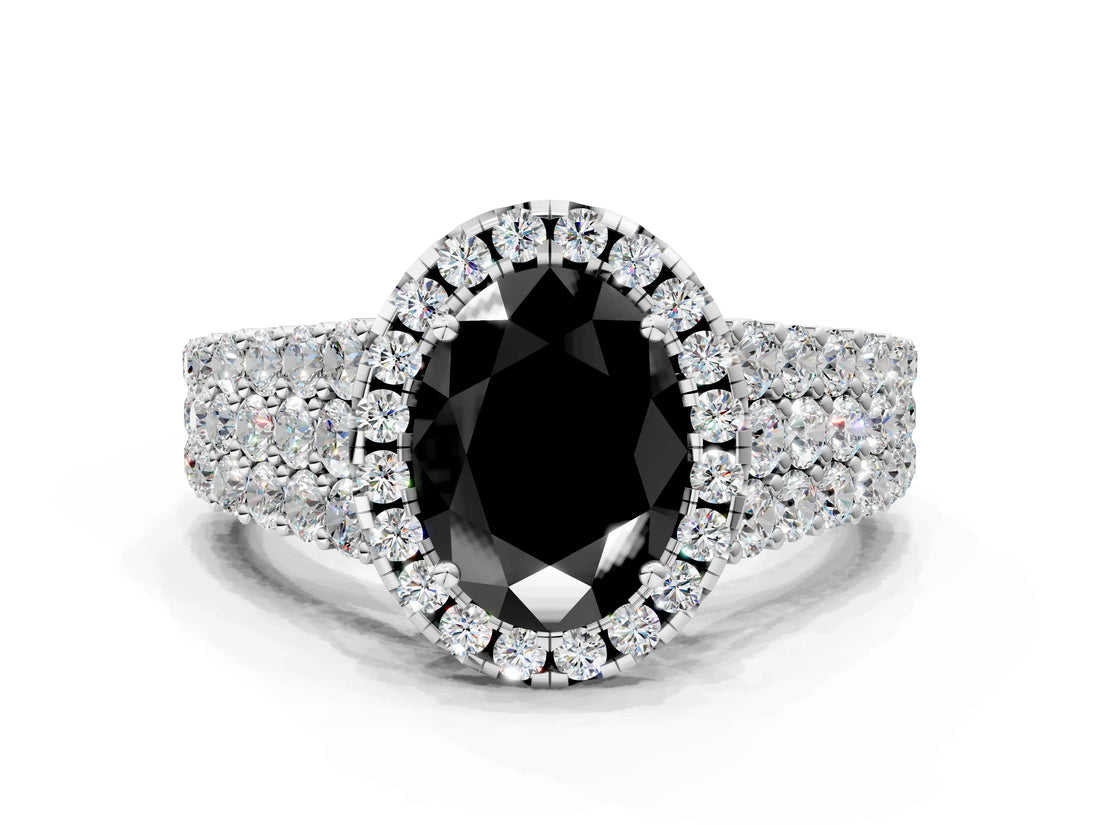 White gold Fancy Black Oval Cut Halo Pavé Diamond Engagement Ring with Split Shank and Four-Prong Setting_3
