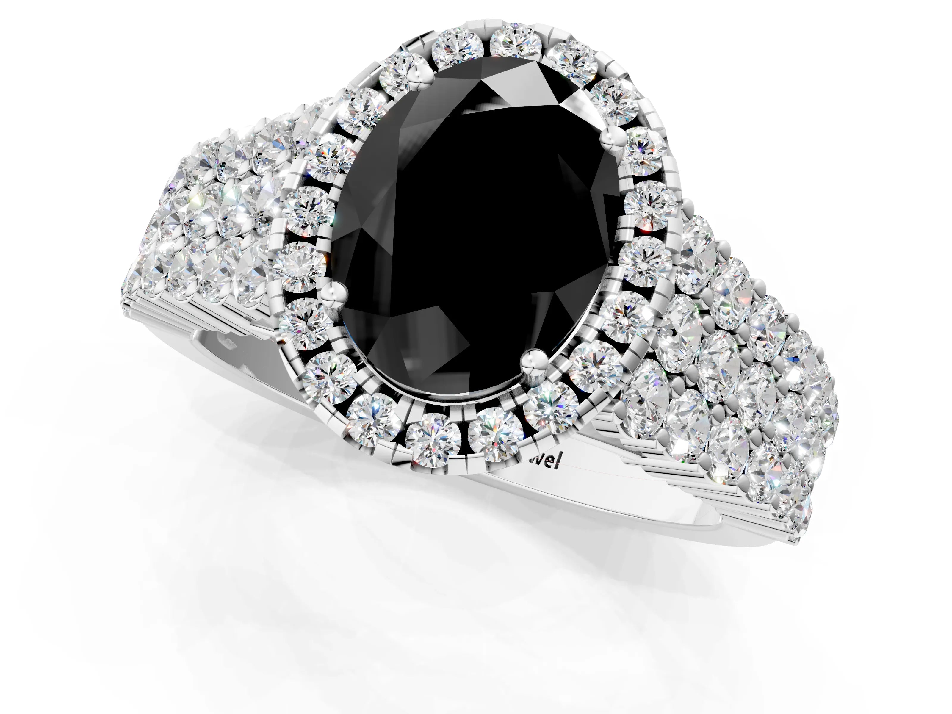 White gold Fancy Black Oval Cut Halo Pavé Diamond Engagement Ring with Split Shank and Four-Prong Setting_4