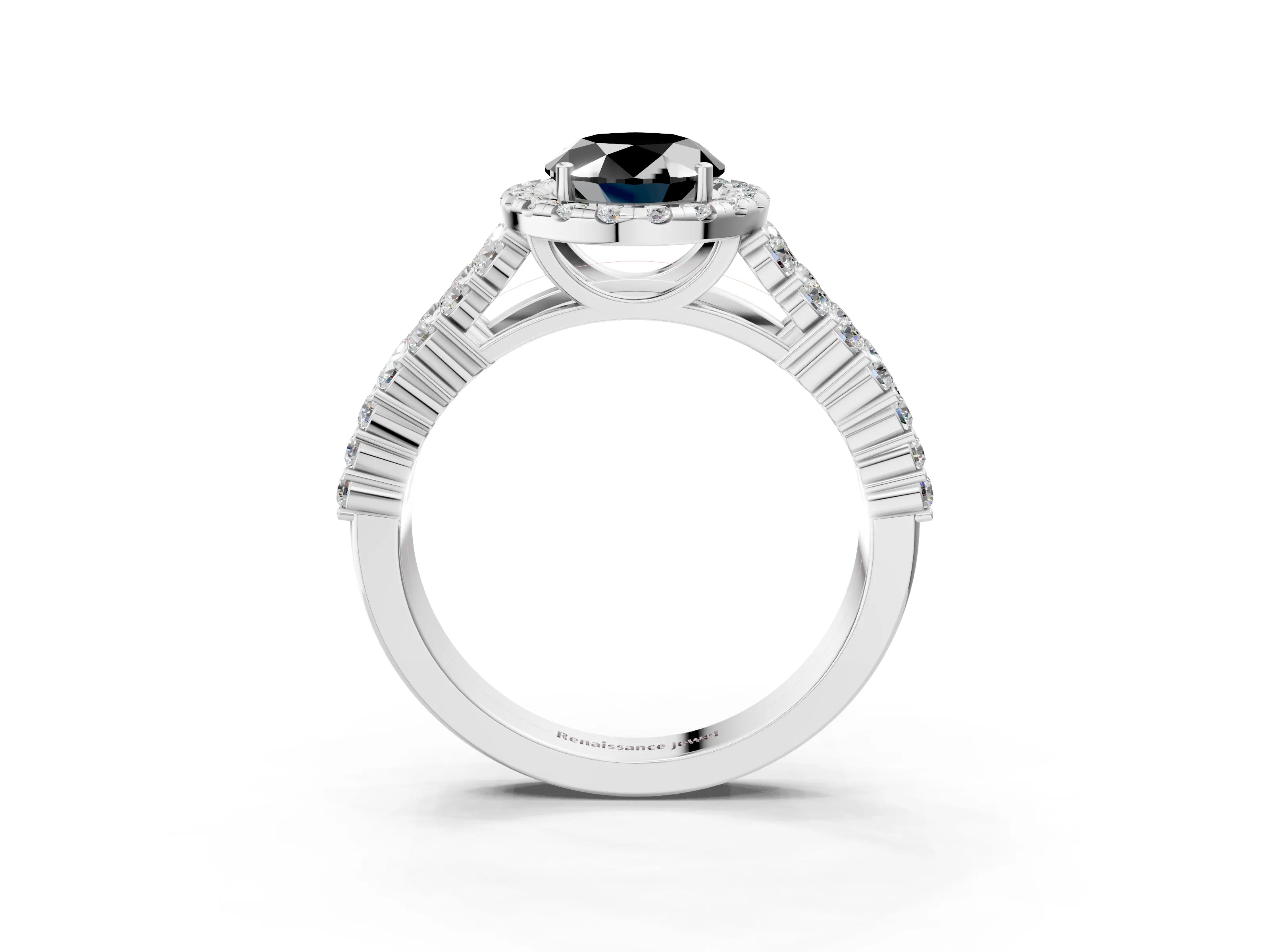 White gold Fancy Black Oval Cut Halo Pavé Diamond Engagement Ring with Split Shank and Four-Prong Setting_6