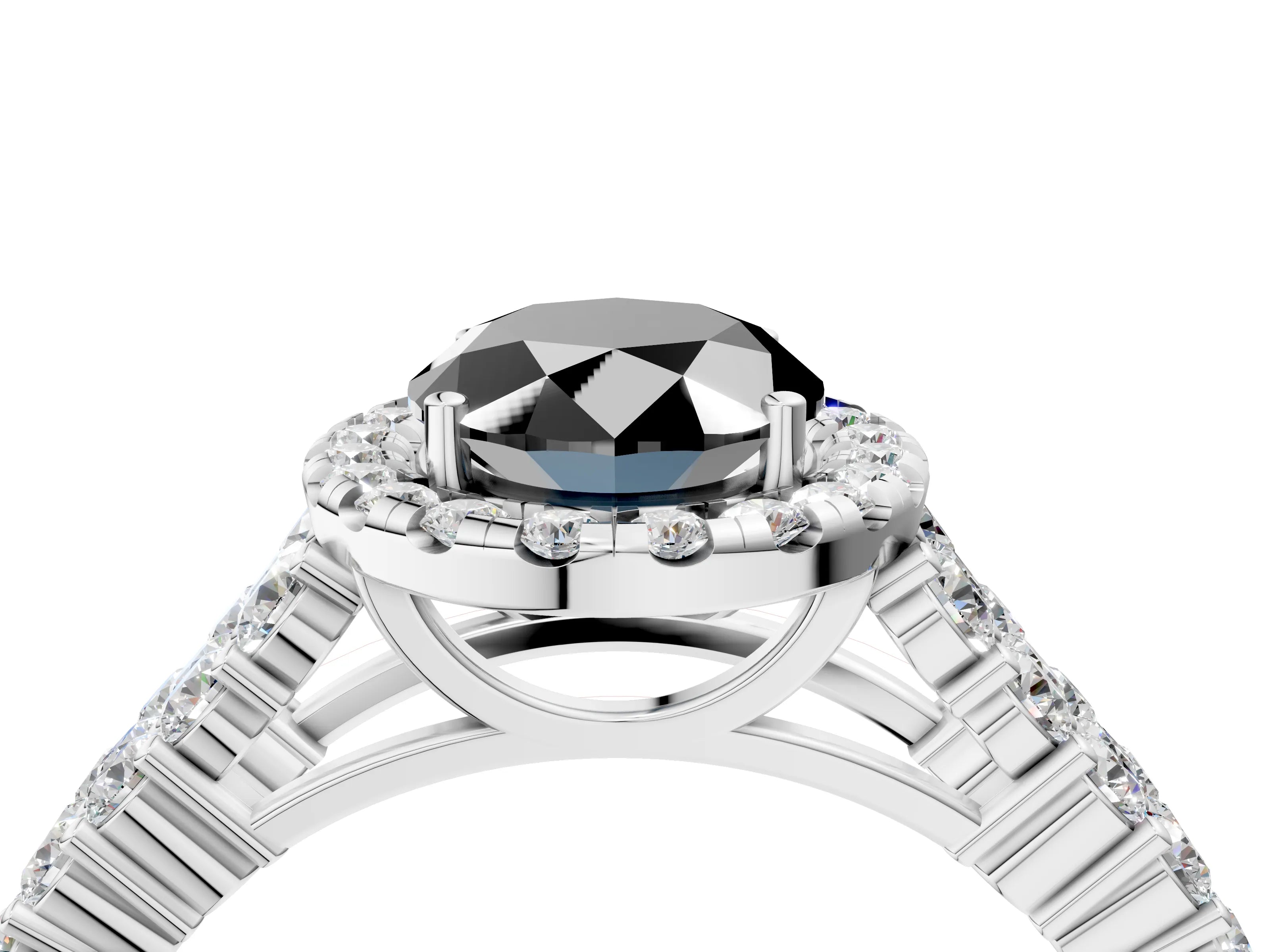 White gold Fancy Black Oval Cut Halo Pavé Diamond Engagement Ring with Split Shank and Four-Prong Setting_7
