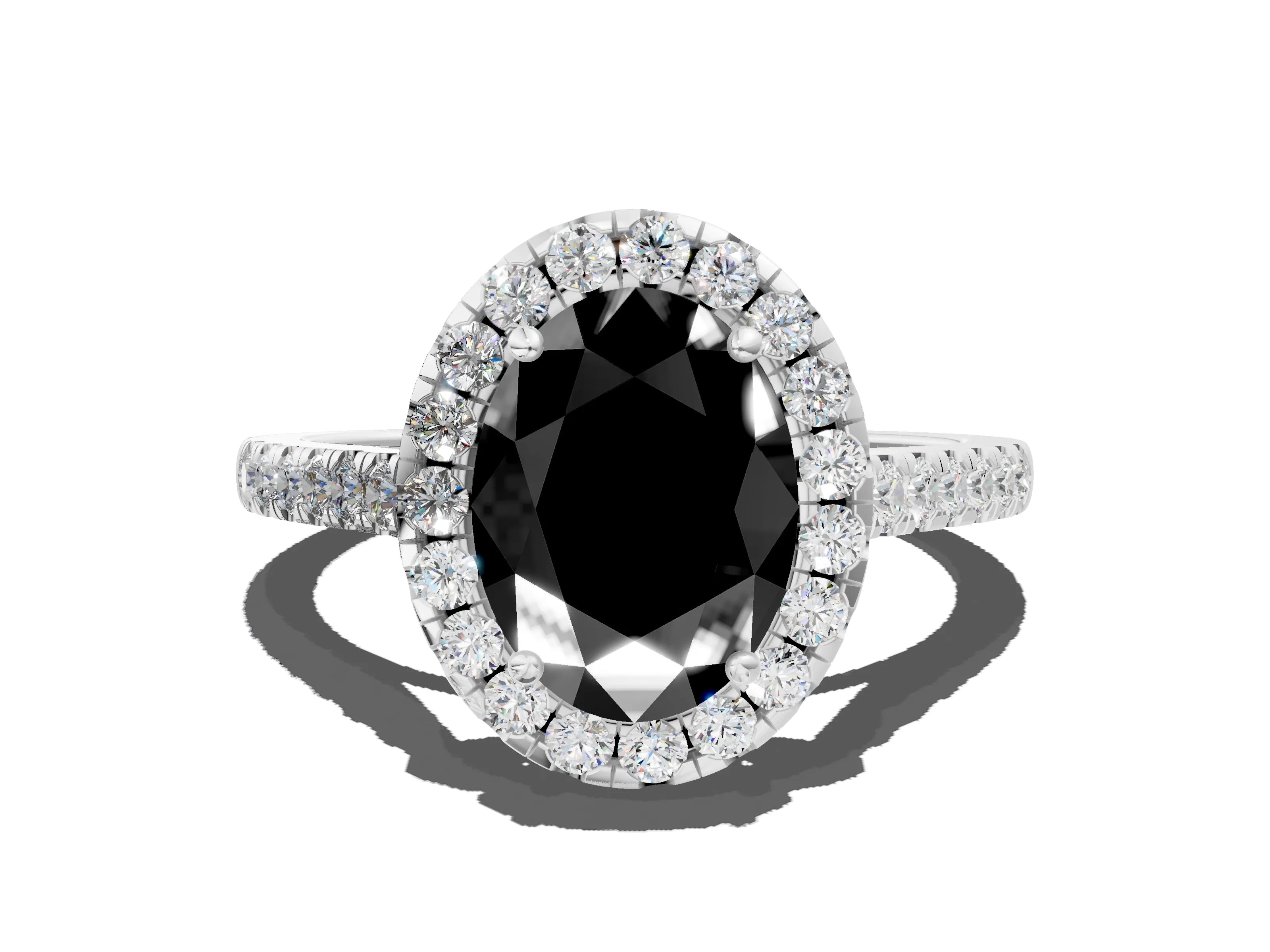 White gold Fancy Black Oval Cut Halo Pave Diamond Engagement Ring with Four-Prong Setting