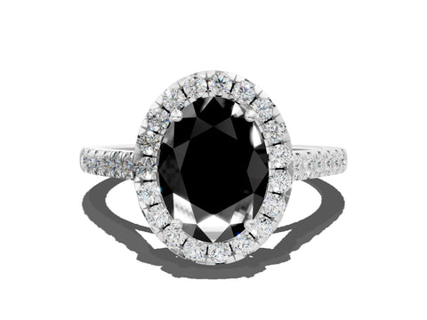 White gold Fancy Black Oval Cut Halo Pave Diamond Engagement Ring with Four-Prong Setting