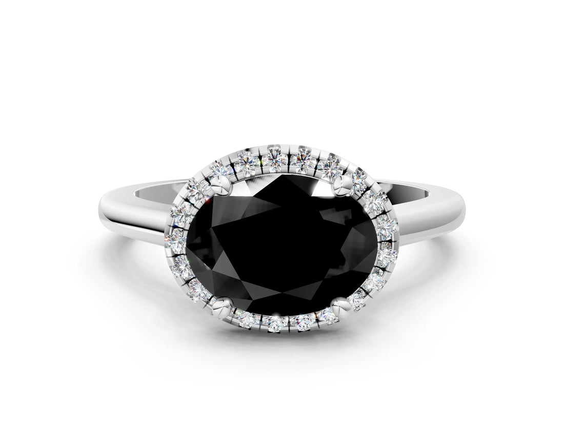 White gold Fancy Black Oval Cut Halo Round Diamond Solitaire Engagement Ring with Pave Band and Four-Prong Setting_24
