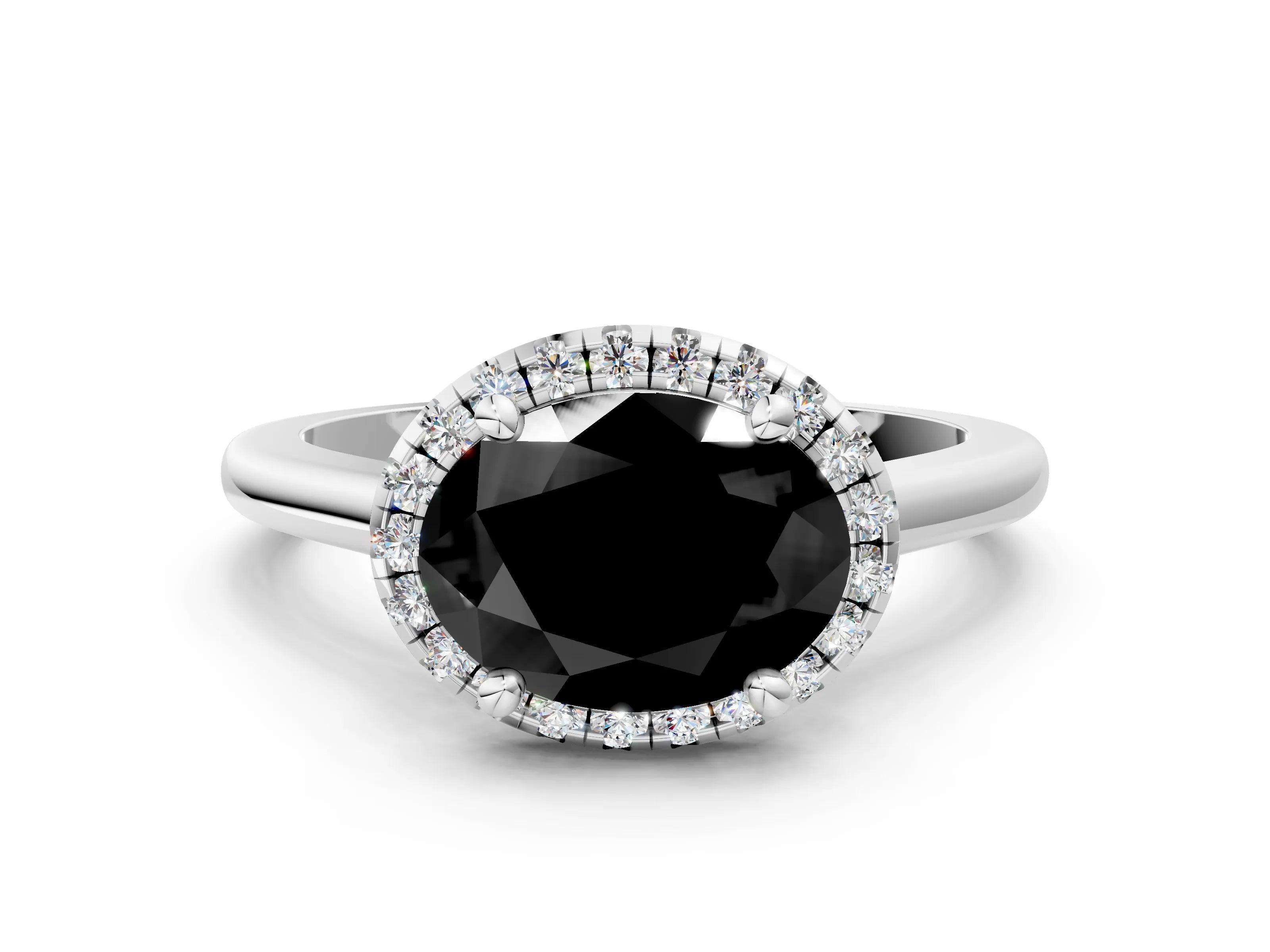 White gold Fancy Black Oval Cut Halo Round Diamond Solitaire Engagement Ring with Pave Band and Four-Prong Setting_24