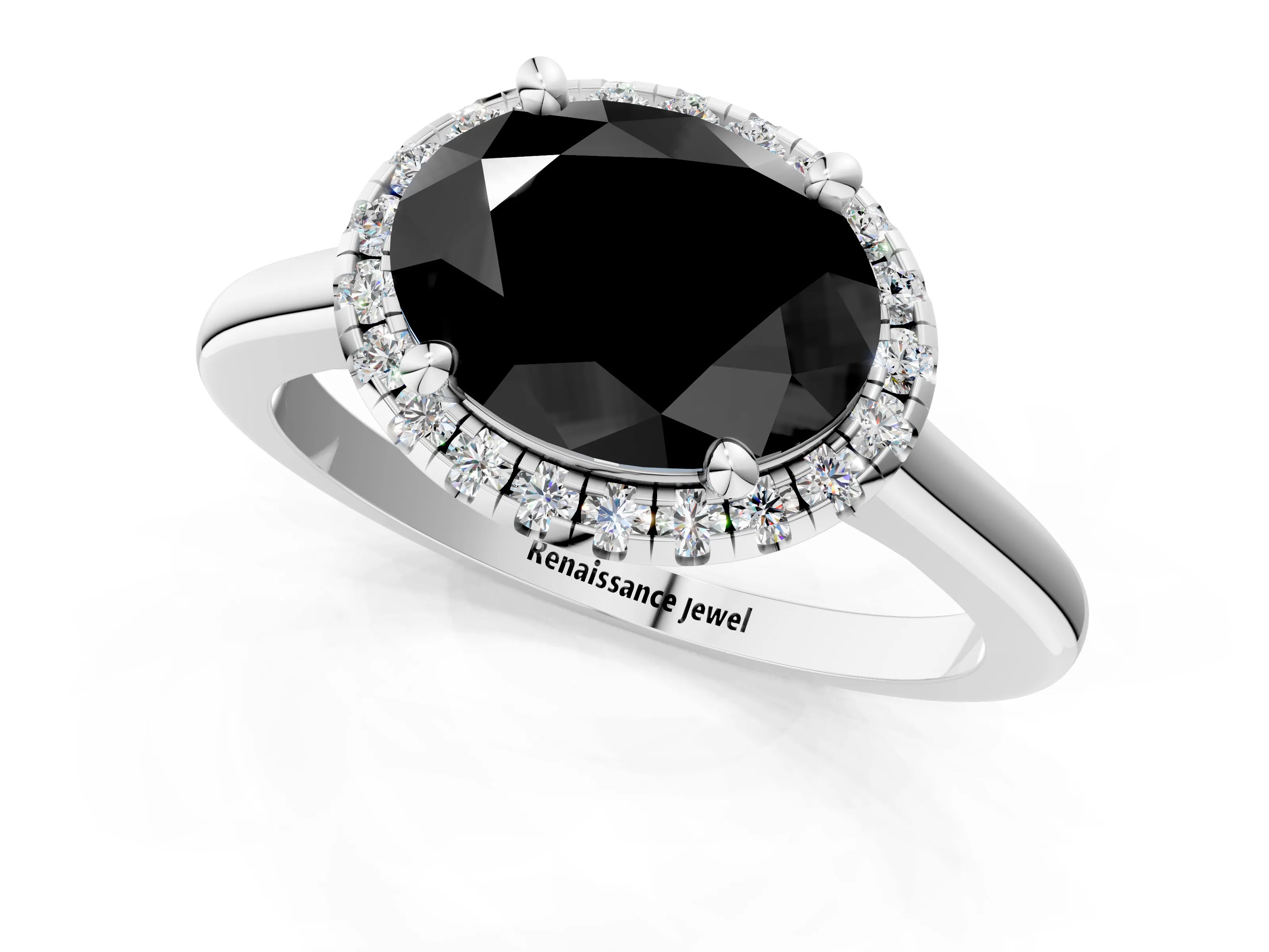 White gold Fancy Black Oval Cut Halo Round Diamond Solitaire Engagement Ring with Pave Band and Four-Prong Setting_25