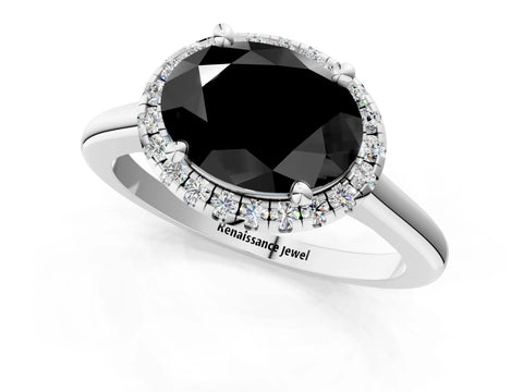White gold Fancy Black Oval Cut Halo Round Diamond Solitaire Engagement Ring with Pave Band and Four-Prong Setting_25
