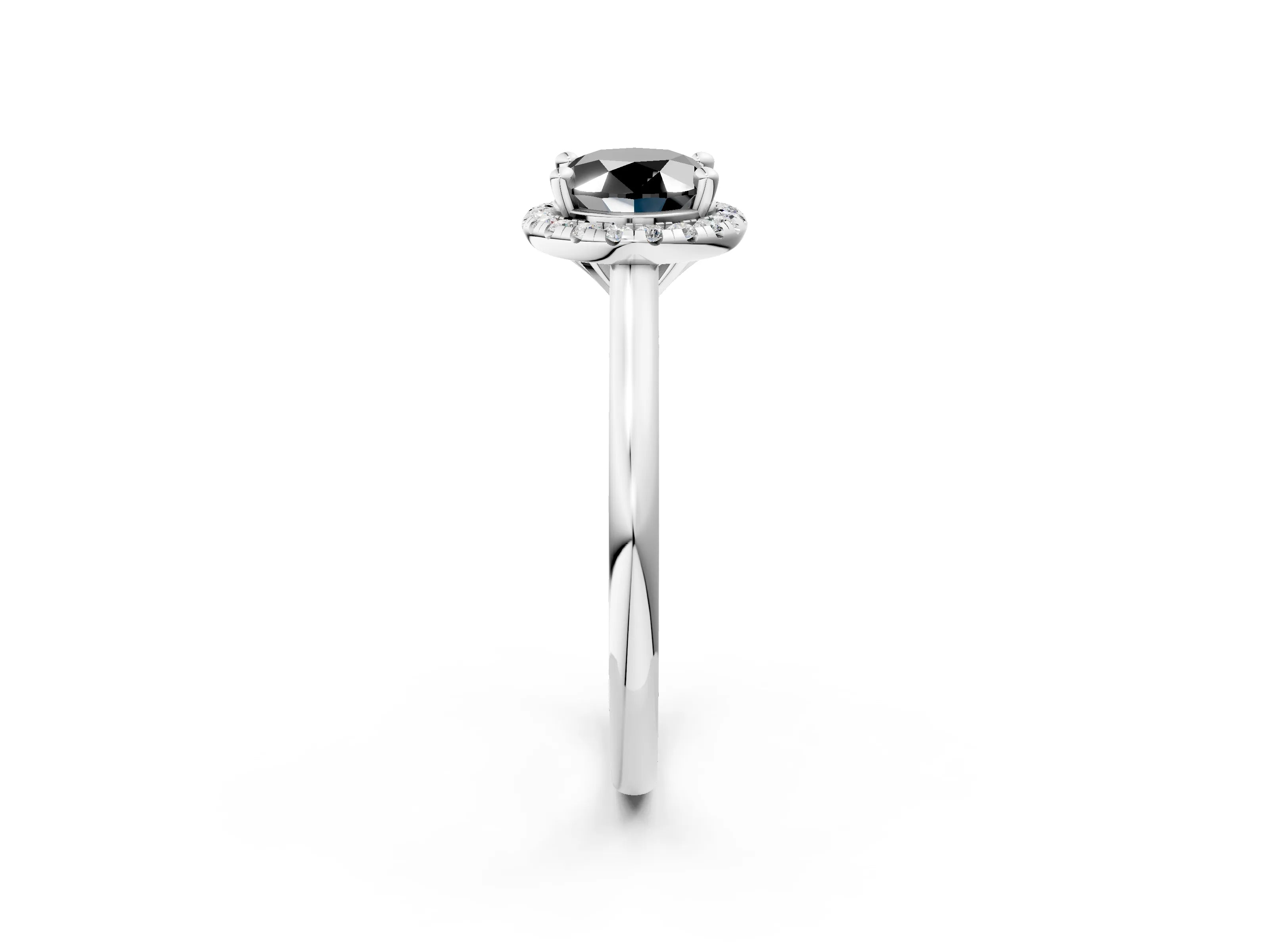 White gold Fancy Black Oval Cut Halo Round Diamond Solitaire Engagement Ring with Pave Band and Four-Prong Setting_26