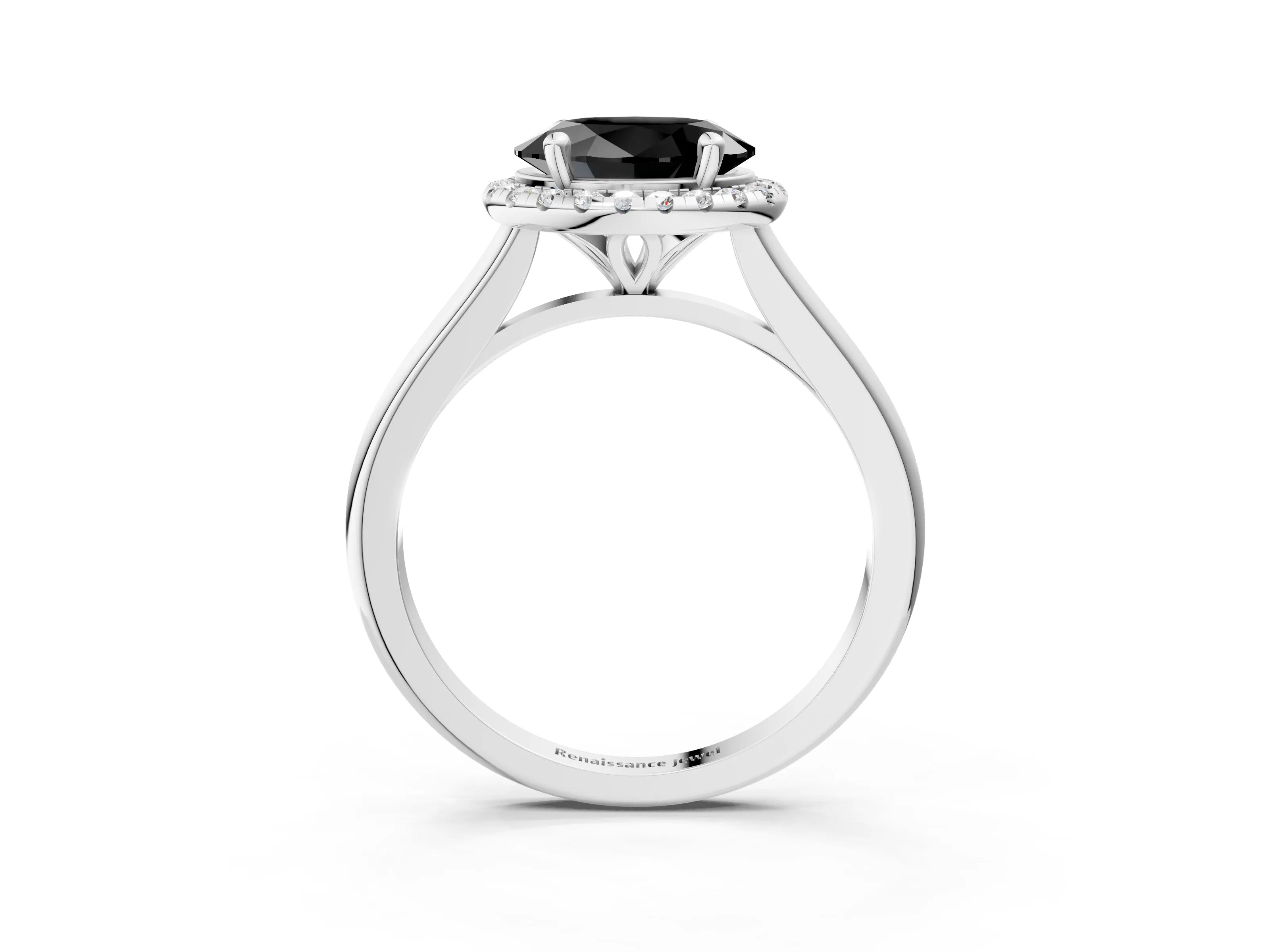 White gold Fancy Black Oval Cut Halo Round Diamond Solitaire Engagement Ring with Pave Band and Four-Prong Setting_27