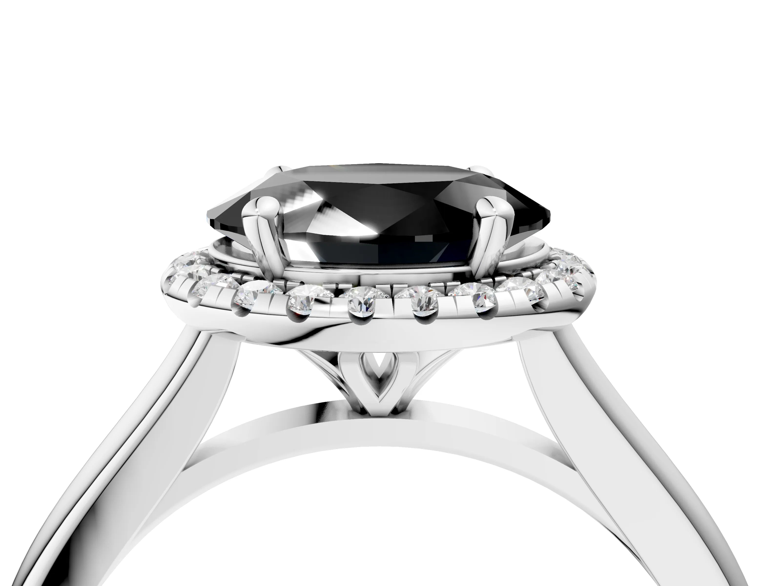 White gold Fancy Black Oval Cut Halo Round Diamond Solitaire Engagement Ring with Pave Band and Four-Prong Setting_28