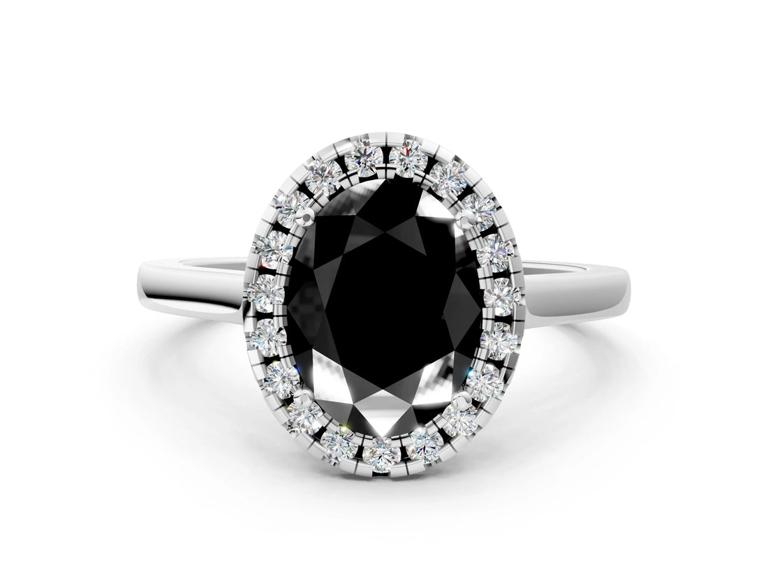 White gold Fancy Black Oval Cut Halo Round Diamond Solitaire Ring with Pavé Band and Four-Prong Setting