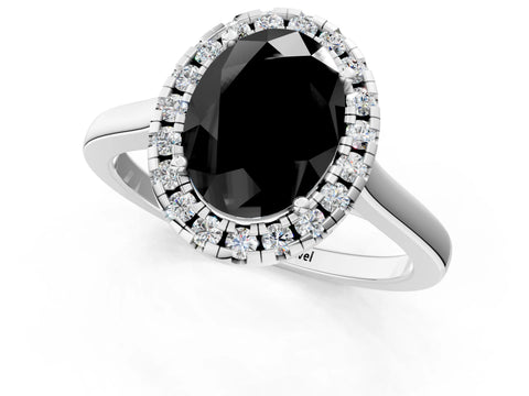 White gold Fancy Black Oval Cut Halo Round Diamond Solitaire Ring with Pavé Band and Four-Prong Setting_1