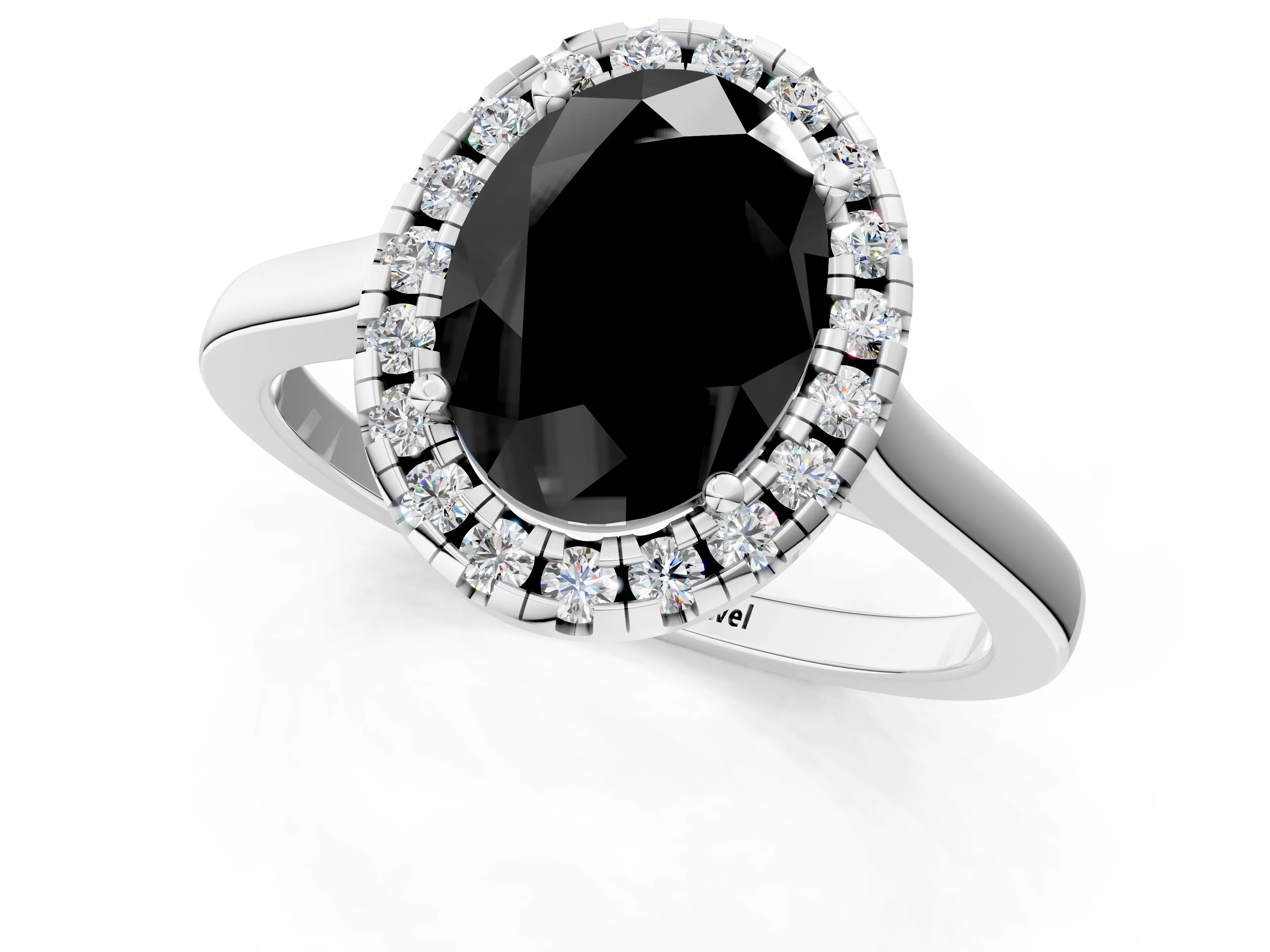 White gold Fancy Black Oval Cut Halo Round Diamond Solitaire Ring with Pavé Band and Four-Prong Setting_1
