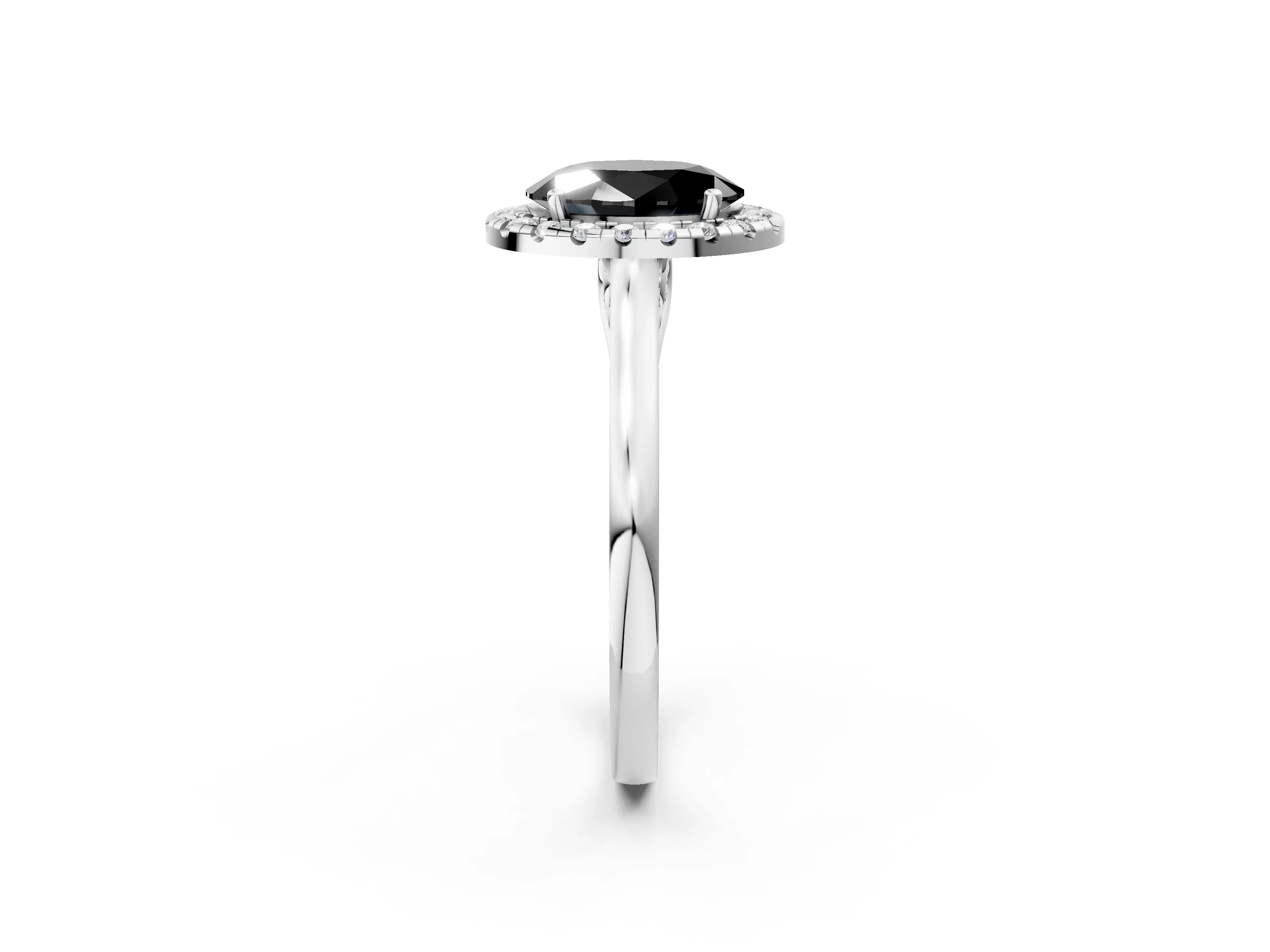 White gold Fancy Black Oval Cut Halo Round Diamond Solitaire Ring with Pavé Band and Four-Prong Setting_2