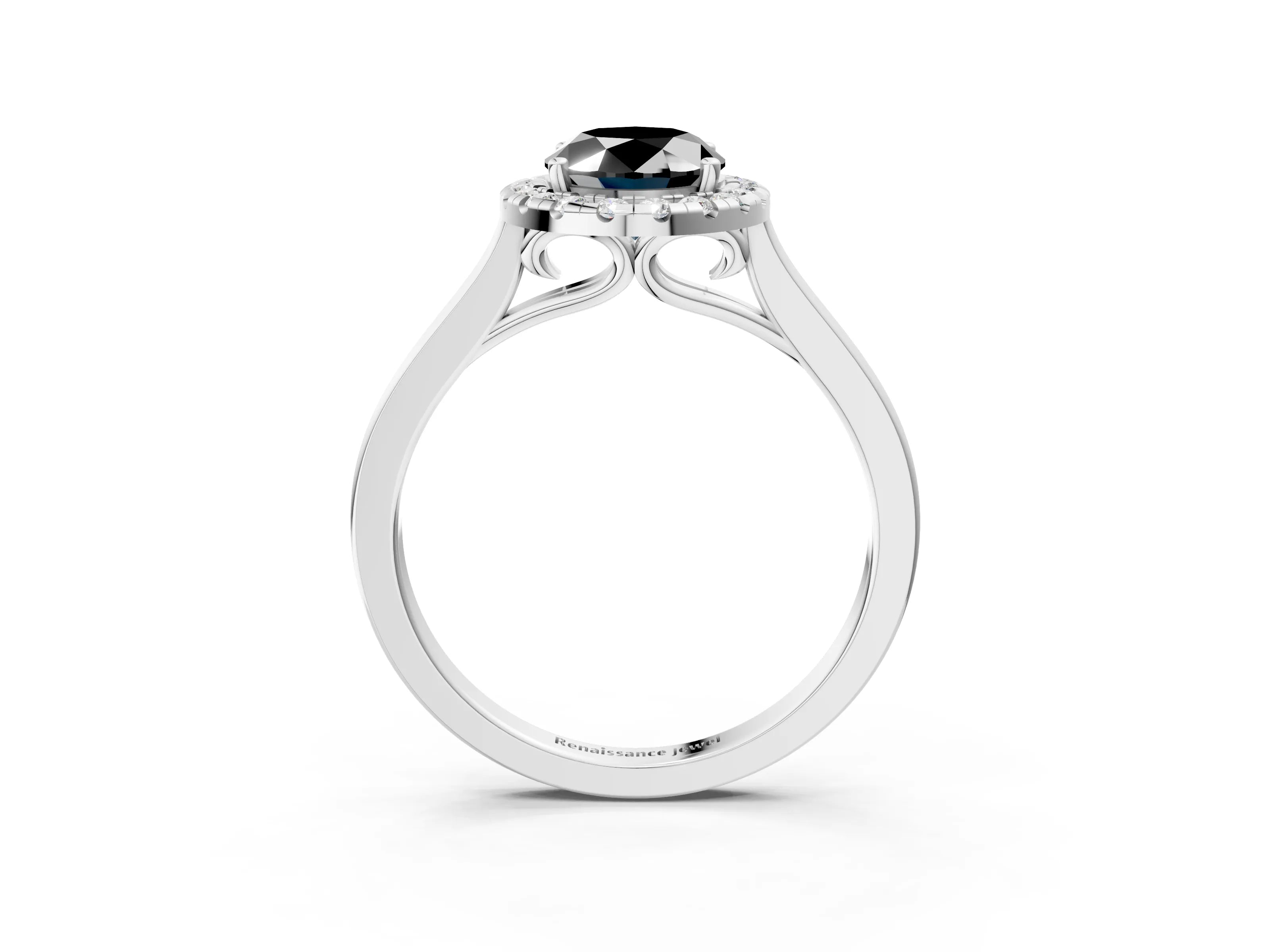 White gold Fancy Black Oval Cut Halo Round Diamond Solitaire Ring with Pavé Band and Four-Prong Setting_3