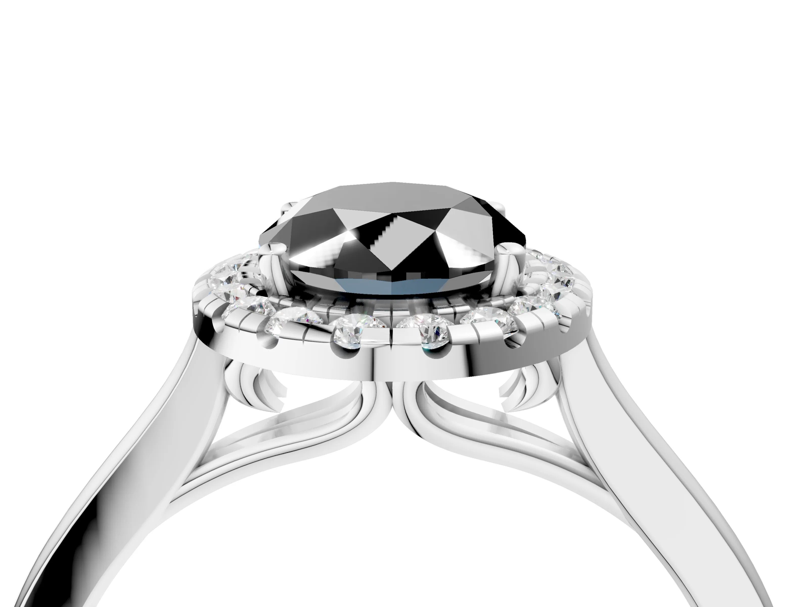 White gold Fancy Black Oval Cut Halo Round Diamond Solitaire Ring with Pavé Band and Four-Prong Setting_4